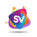 Letter SV logo with colorful splash background, letter combination logo design for creative industry, web, business and company