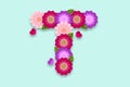 Letter T Abstract flower alphabet on isolated background. Decorative Floral Letter illustration