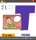 Letter T from alphabet with cartoon illustration of think word