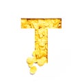 Letter T of alphabet made of bio cereals corn flakes and paper cut isolated on white. Typeface for organic food store