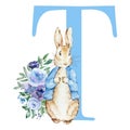 Letter T blue with watercolor cute rabbit with flowers