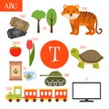 Letter T. Cartoon alphabet for children. Tiger, turtle, tv, tea, tomato, tree, train, tulip, ticket, tank Royalty Free Stock Photo