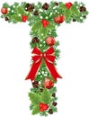 Letter T with decoration for Christmas design and New Year with spruce tree and holly red berries