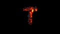 letter T made of very hot lava rocks on black, isolated - object 3D rendering