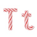 Letter T Mint Candy Cane Alphabet Collection Striped in Red Christmas Colour . 3d Rendering Royalty Free Stock Photo