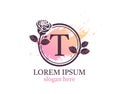 Letter T monogram logo. Circle floral style with beautiful roses. Feminine Icon Design