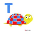 Letter T Turtle Zoo alphabet. English abc with animals Education cards for kids White background Flat design