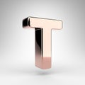 Letter T uppercase on white background. Rose gold 3D letter with gloss chrome surface