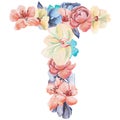 Letter T of watercolor flowers, isolated hand drawn on a white background, wedding design, english alphabet