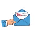 Letter tax. Businessman holding in hand envelope with form of payment of taxes.