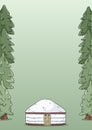 A4 letter template design with yurt and green forest fir trees background