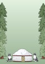 A4 letter template design with yurt, siberian laika dogs and green forest fir trees background