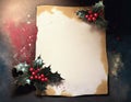 Letter to Santa. Blank paper with copy space decorated with holly berry branches, top view