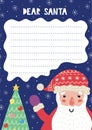 Letter to Santa Claus template with a funny winter character and a tree. Christmas wish list A4