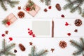 Letter to Santa on holiday background with Christmas gifts, Fir branches, pine cones, red decorations. Xmas and Happy New Year com Royalty Free Stock Photo