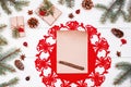 Letter to Santa on holiday background with Christmas gifts, Fir branches, pine cones, red decorations. Xmas and Happy New Year Royalty Free Stock Photo