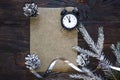 Letter to Santa. New Year layout, spruce branch with cones, with snow, 12 hours, watch, Christmas congratulations