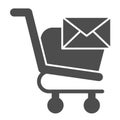 Letter and trolley glyph icon. Market cart with post envelope button. Commerce vector design concept, solid style