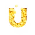 Letter U of alphabet made of bio cereals corn flakes and paper cut isolated on white. Typeface for healthy food store