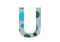 letter U of the alphabet made with several blue dots and a gray background