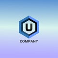 Letter U Alphabetic Company Logo Design Template, Light Blue, Hexagon Logo Concept