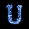 Letter U. Blue fire flames on black