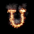 Letter U burning in fire with smoke, digital art isolated on black background, a letter from alphabet set Royalty Free Stock Photo