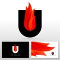 Letter U logo design - vector emblem with spurts of flame. Business card templates. Royalty Free Stock Photo