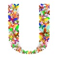 The letter U made up of lots of butterflies of different colors