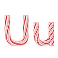 Letter U Mint Candy Cane Alphabet Collection Striped in Red Christmas Colour. 3d Rendering