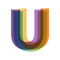 Letter U in overlay color transparency style isolated on white background. Alphabet folded from different retro colors. Jpeg