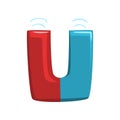 Letter U in shape of red and blue horseshoe magnet.