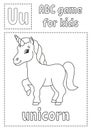 Letter U is for unicorn. ABC game for kids. Alphabet coloring page. Cartoon character. Word and letter. Vector illustration Royalty Free Stock Photo