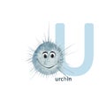 Letter U, urchin, cute kids animal ABC alphabet. Watercolor illustration isolated on white background. Can be used for Royalty Free Stock Photo