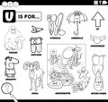 Letter u words educational set coloring book page Royalty Free Stock Photo