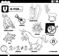 Letter u words educational set coloring book page