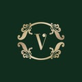 Letter V Alphabet Logo with Luxury Decorative Golden Frame. Elegant Curl Floral Ornament Royalty Free Stock Photo