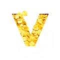 Letter V of alphabet made of bio cereals corn flakes and paper cut isolated on white. Typeface for healthy food store