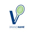 Letter V Initial Tennis Racket Logo Design Vector Icon Graphic Emblem Illustration Royalty Free Stock Photo
