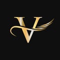 Letter V Logo Design Template. V Letter Logotype Business And Company Identity Vector With Golden, Fashion, Wing Concept Royalty Free Stock Photo