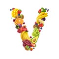 Letter V made of different fruits and berries, fruit font isolated on white background, healthy alphabet