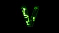 Letter V, shining high tech digital cyber punk green alphabet on black, isolated - object 3D rendering