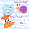 Letter V tracing. Violet Sea Snail. Vampire Octopus. Marine alphabet Royalty Free Stock Photo