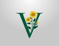 Letter V vector alphabet with sunflower. Flower Plant Logo Icon. Typography design
