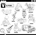 Letter v words educational cartoon set coloring page Royalty Free Stock Photo