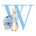 Letter W blue with watercolor cute rabbit with flowers