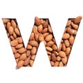 Letter W of English alphabet made of natural nuts and paper cut isolated on white. Typeface of healthful almonds