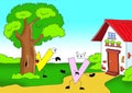 The letter w and the letter V play on the home page cartoon illustration