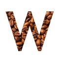 Letter W made from coffee beans isolated on white background