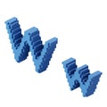 Letter W shaped block pixel with blue cubes. 3d illustration.